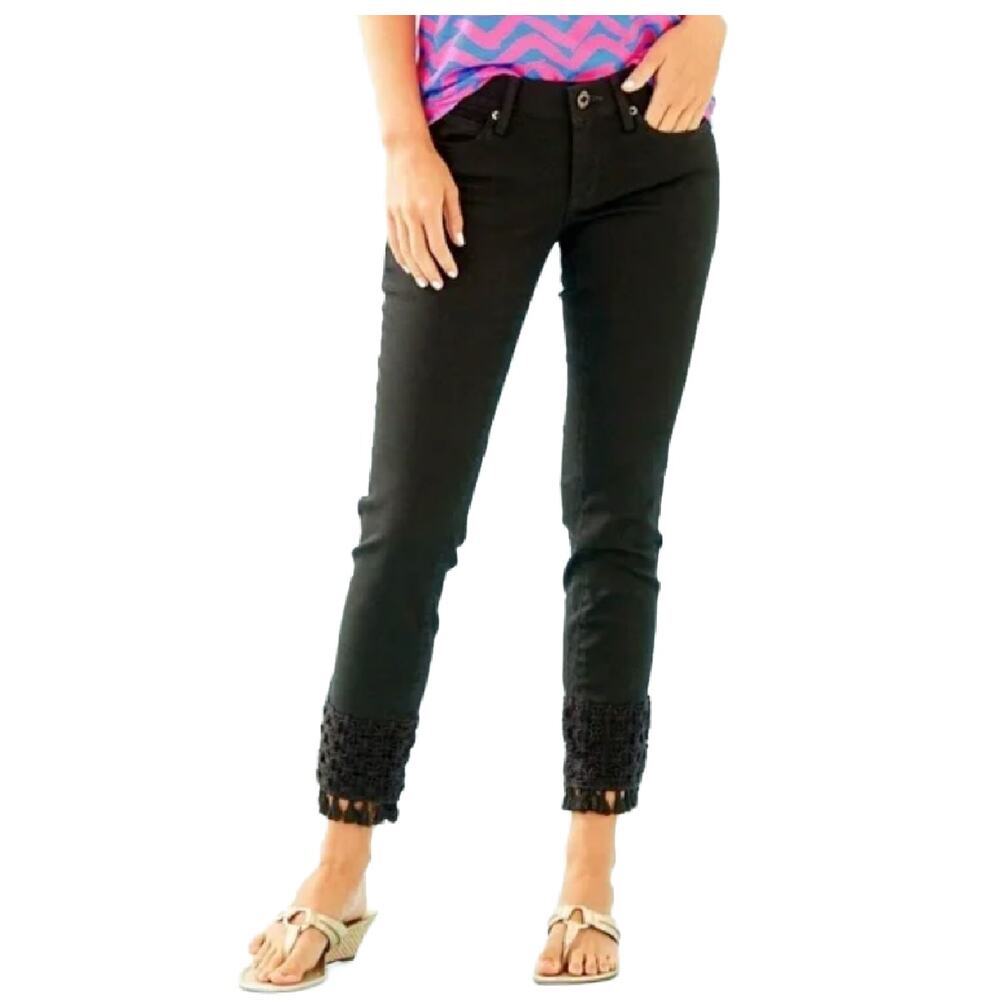 LILLY PULITZER South Ocean Skinny Fringe Lace Crop Jeans Sz 8 Black Coastal Prep